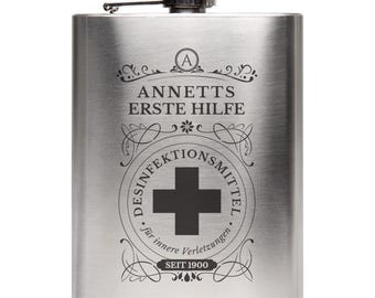 Personalized hip flask with engraving, 237 ml (8 oz), stainless steel, individual name, year, silver/black - First Aid