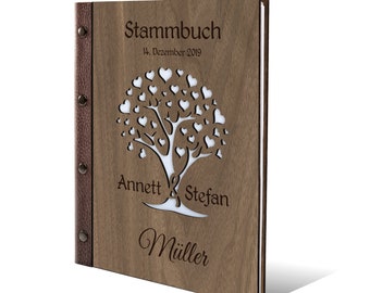 Personalisiertes Stammbuch Holz Nussbaum, Bambus oder Birkensperrholz Echtleder Familienstammbuch A5 oder A4 inkl. Extras - Herzbaum