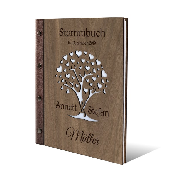 Personalisiertes Stammbuch Holz Nussbaum, Bambus oder Birkensperrholz Echtleder Familienstammbuch A5 oder A4 inkl. Extras - Herzbaum