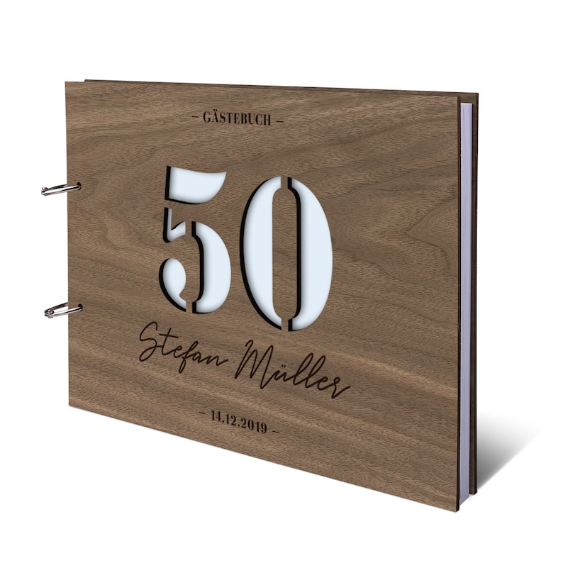 Gepersonaliseerd gastenboek rond verjaardag houten omslag individueel gegraveerd en lasergesneden DIN A4 liggend aantal is variabel afbeelding 8