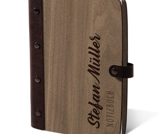 Personalized notebook walnut wood with leather back - name plain