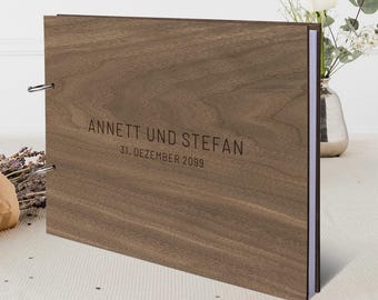 Personalized wedding guest book, real wood with your engraving, DIN A4 landscape format, 72 sheets | 144 natural paper pages, ring closure