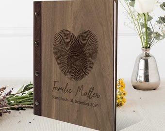 Personalized family book, real wood and leather, your individual engraving for wedding / registry office DIN A5 | A4 fingerprints