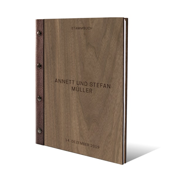 Personalisiertes Stammbuch Holz Cover Echtleder Stammbuchformat oder A4 inkl. Extras Familienstammbuch - Schlicht