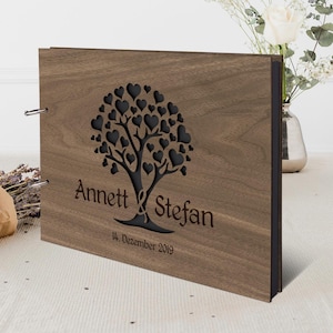 Álbum de fotos de boda personalizado para rellenar tú mismo, incluye 25 cartulinas fotográficas negras de 300 g/m², tus textos grabados en madera A4 - árbol de corazón