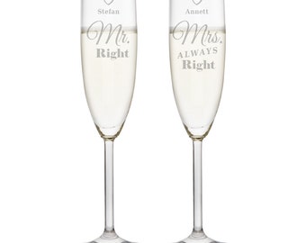 Two Leonardo Champagne Glasses Set Mr. and Mrs. Right personalized with name Laser Engraving individually design wedding gift