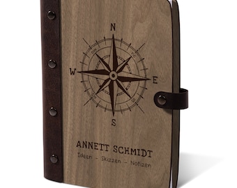 Personalisiertes Notizbuch Nussbaum Holz mit Lederrücken - Kompass