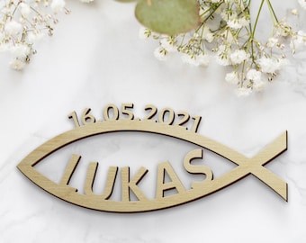 Konfirmation Kommunion Taufe Streudeko Birkensperrholz personalisiert Ihr Name und Datum Deko individuell selbst gestalten - Jesus Fisch