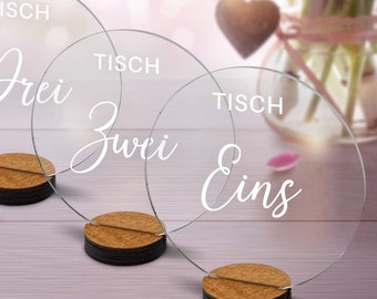 Wedding table numbers made of acrylic glass, set size selectable 1-10, 1-20 or 1-30 pieces with precise milky-white laser engraving, 100 mm diameter