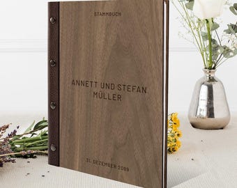 Personalized family book made of real wood and leather DIN A5 | A4 for weddings or registry offices. Family book - simple, with burnt-in text.