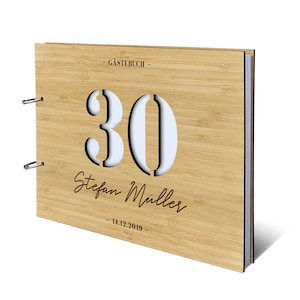 Personalized guest book round birthday wooden cover individually engraved and laser cut DIN A4 landscape number is variable Bambus