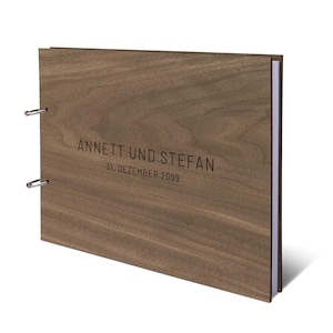 Livro de convidados de casamento personalizado, madeira verdadeira com sua gravação, DIN A4 paisagem, 72 folhas | 144 páginas de papel natural, argolas para abertura