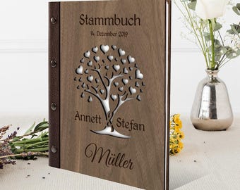 Personalized "Heart Tree" family book, real wood and leather, your individual engraving for wedding / registry office DIN A5 | A4