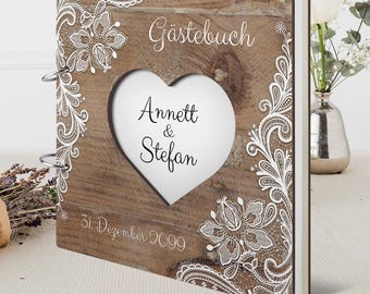 Personalized wedding guest book "Rustic" heart cutout, 215 x 215 mm including 72 natural paper 120g/m² sheets, HDF with intensive UV printing