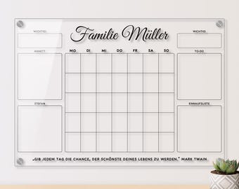Personalized acrylic wall calendar - monthly planner family weekly planner wipeable DIN A3, A2 or A1 XXL selectable including mounting material