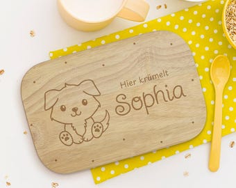Personalized breakfast board "Cute Animals" motif, your text laser-burned into rubber tree hardwood, 23 x 15 cm, gift for children