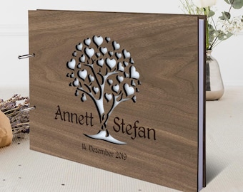 Personalized wedding guest book, real wood with engraving, tree cutout, DIN A4, 72 sheets | 144 natural paper pages, rings for opening