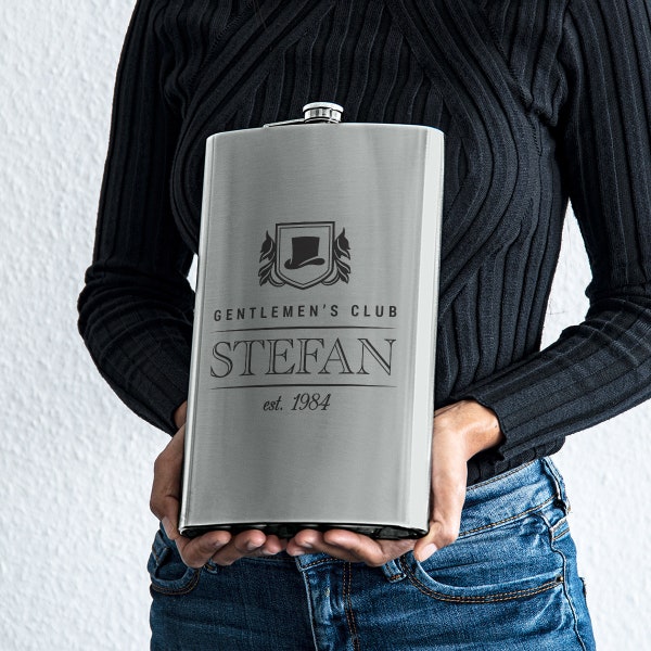 Hip flask XXL stainless steel with laser engraving individually personalized silver black 1.9 liters - Gentlemen's Club