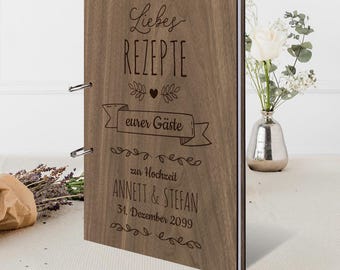 Personalized cookbook for you to fill in yourself, wedding guest book, real wood DIN A4, text burned into the front, incl. 72 sheets
