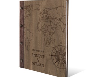 Personalized family book, real wood and leather, your individual engraving for wedding / registry office DIN A5 | A4 world map