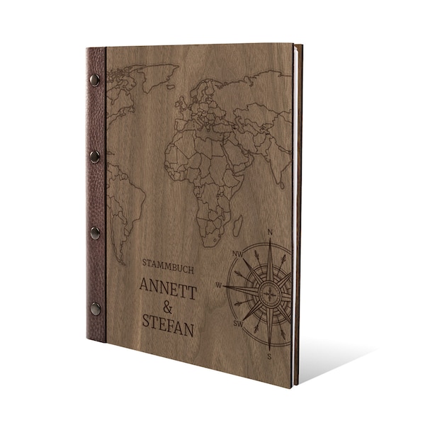 Personalisiertes Stammbuch Nussbaum Holz Stammbuchformat - Weltkarte