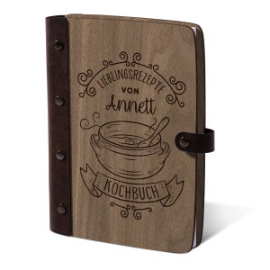 Livro de receitas personalizado para autopreenchimento, madeira genuína com lombada de couro DIN A5, texto queimado na frente (gravação a laser), 72 folhas
