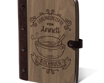 Personalized cookbook for self-completion, real wood with leather spine DIN A5, text burned on the front (laser engraving), 72 sheets