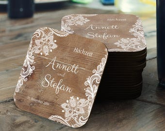 Personalized wedding beer mats/coasters set of 6 washable as a guest gift - Rustic - HDF pressed wood 3 mm intensive UV print