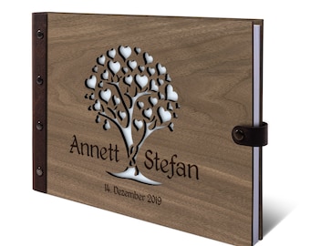 Personalisiertes Holz Gästebuch mit Lederrücken Gravur individuell - Herzbaum lasergeschnitten