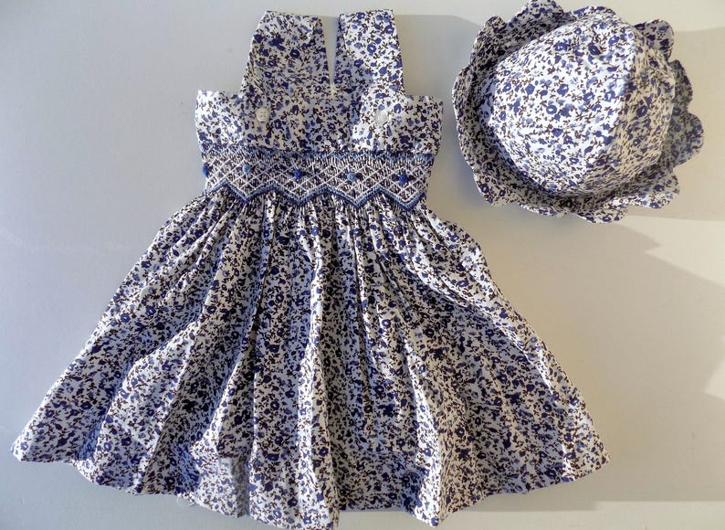 smocks dress baby hat birth hand embroidered liberty dress Dress hand smocks baby dress birthday flower dress baby dress cotton hat