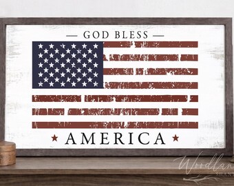 God Bless America American Flag Framed Sign, Americana Decor, USA Red White Blue Summer Wall Art Decor
