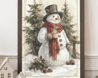 Framed Happy Snowman Wall Art, Nature Themed Christmas Decor