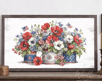 Framed Red White and Blue Florals Sign, Americana Framed Sign Decor