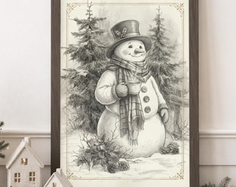 Framed Snowman Wall Art, Nature Rustic Black and White Neutral Themed Christmas Decor