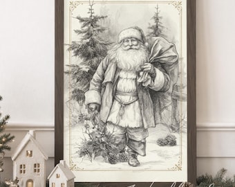 Framed Santa Wall Art, Nature Rustic Black and White Neutral Themed Christmas Decor