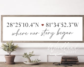 Where Our Story Began Framed Sign, GPS Coordinates Love Story, Girlfriend Boyfriend Anniversary Gift Idea