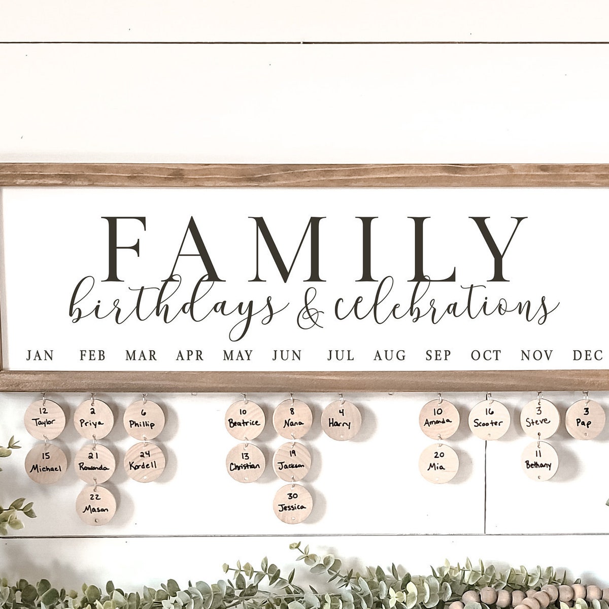 Family Birthdays and Celebrations Board Sign - with tags - light brown wood