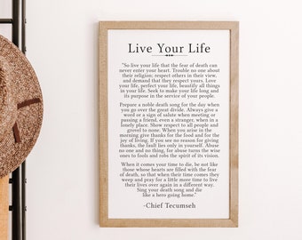 Poème Live Your Life du chef Tecumseh, citation murale motivante et inspirante, cadeau déco amérindien