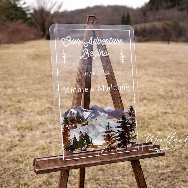 Plaque de mariage de bienvenue en acrylique sur le thème de la montagne en plein air, mariage sur le thème de la montagne, bois et nature, plaque de mariage sur le thème de l'aventure