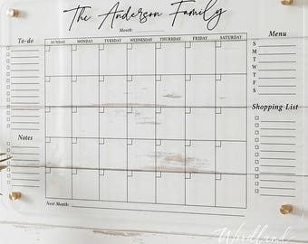 Acrylic Calendar, Monthly Dry Erase Acrylic Wall Calendar, Personalized Calendar, Clear Monthly Calendar, Family Command Center Organization
