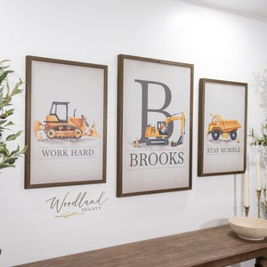Set of 3 Framed Personalized Construction Name Signs, Construction Themed Birthday Party Boys Room Decor, Excavator, Dump Truck, Bulldozer