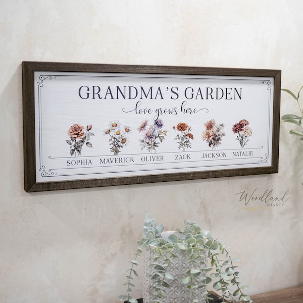 Framed Birth Month Flowers Sign, Grandmas Flower Garden Sign, Moms Flower Garden Sign, Mothers Day Gift, Grandkids Names Floral Gift for Mom