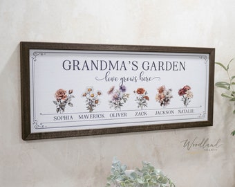 Framed Birth Month Flowers Sign, Grandmas Flower Garden Sign, Moms Flower Garden Sign, Mothers Day Gift, Grandkids Names Floral Gift for Mom