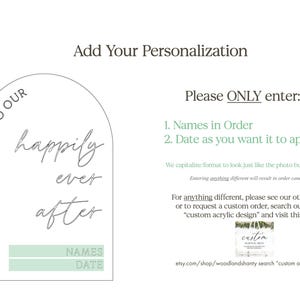 Puede incluir: Un arco blanco con fondo verde, con el texto "Welcome to our happily ever after" y dos l&iacute;neas para nombres y fecha. El texto "Please ONLY enter: 1. Names in Order 2. Date as you want it to appear" est&aacute; debajo del arco.
