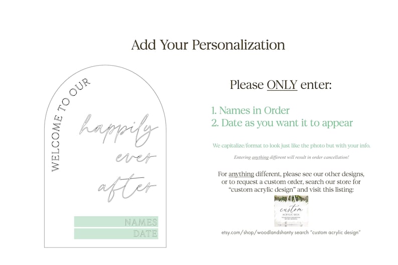 Puede incluir: Un arco blanco con fondo verde, con el texto "Welcome to our happily ever after" y dos l&iacute;neas para nombres y fecha. El texto "Please ONLY enter: 1. Names in Order 2. Date as you want it to appear" est&aacute; debajo del arco.