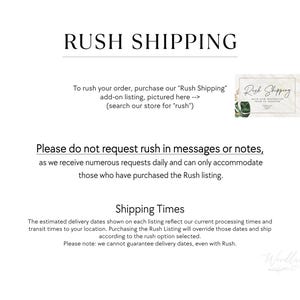 May include: White background with the text "RUSH SHIPPING" in a bold, black font. The text explains how to expedite an order and provides information about shipping times. A small graphic of a card with the words "Rush Shipping" is also included.