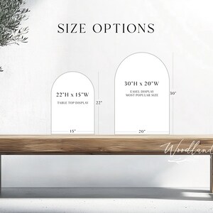May include: Image displaying size options for display pieces. The text reads "SIZE OPTIONS" above two arched shapes. One is labeled "22"H x 15"W" and the other "30"H x 20"W". The text "TABLE TOP DISPLAY" and "EASEL DISPLAY MOST POPULAR SIZE" are also present.