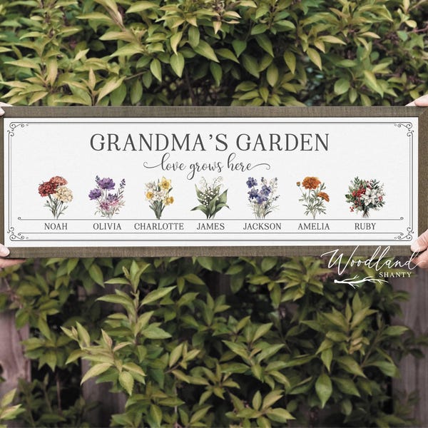 Framed Birth Month Flowers Sign, Grandma Mom Flower Garden Sign, Mothers Day Christmas Gift, Grandkids Names
