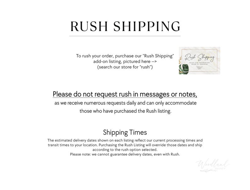 Puede incluir: Fondo blanco con el texto "RUSH SHIPPING" en negrita, en negro. El texto explica c&oacute;mo acelerar un pedido e incluye un peque&ntilde;o gr&aacute;fico de un complemento "Rush Shipping". Texto adicional detalla los tiempos de env&iacute;o.