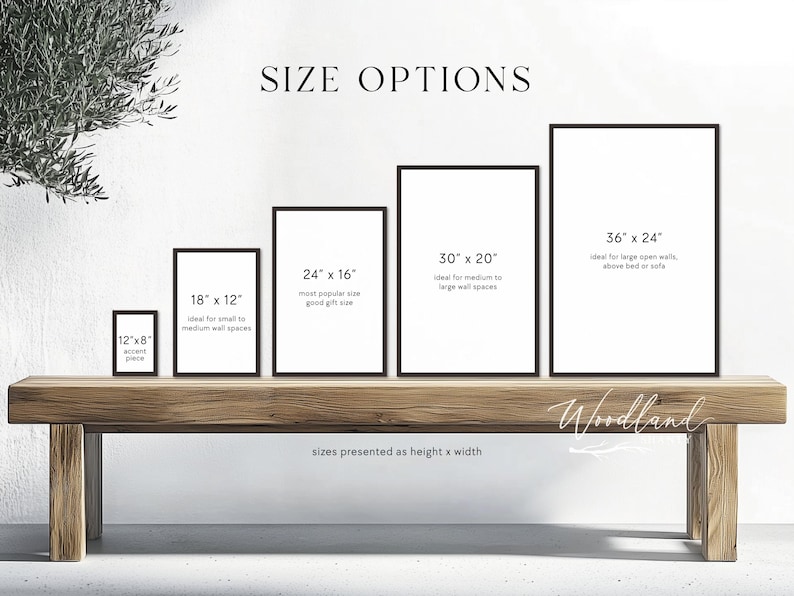 May include: Five framed art prints of varying sizes, from 12x8 inches to 36x24 inches, are displayed on a wooden bench. The text "SIZE OPTIONS" is at the top. The sizes are presented as height x width.
